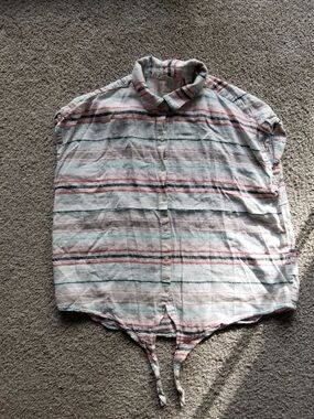 Linen Casual Striped Button-Up Shirt - White with Red & Green Stripes
